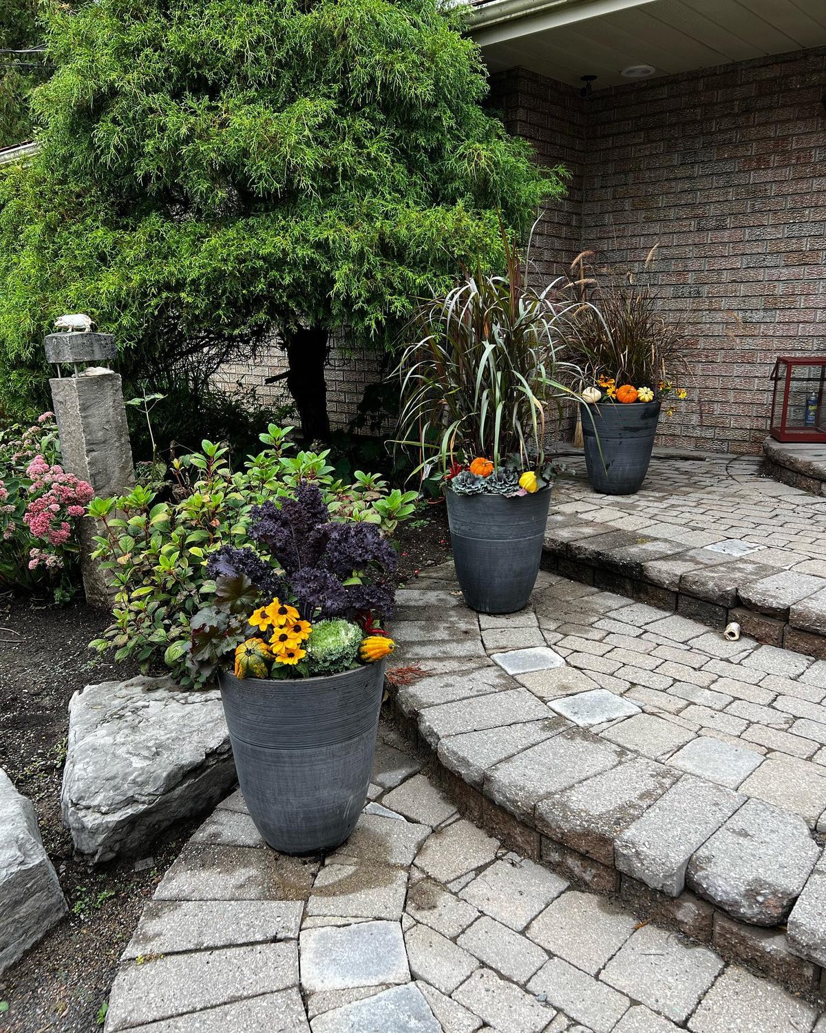 Autumn container arrangement on stone steps