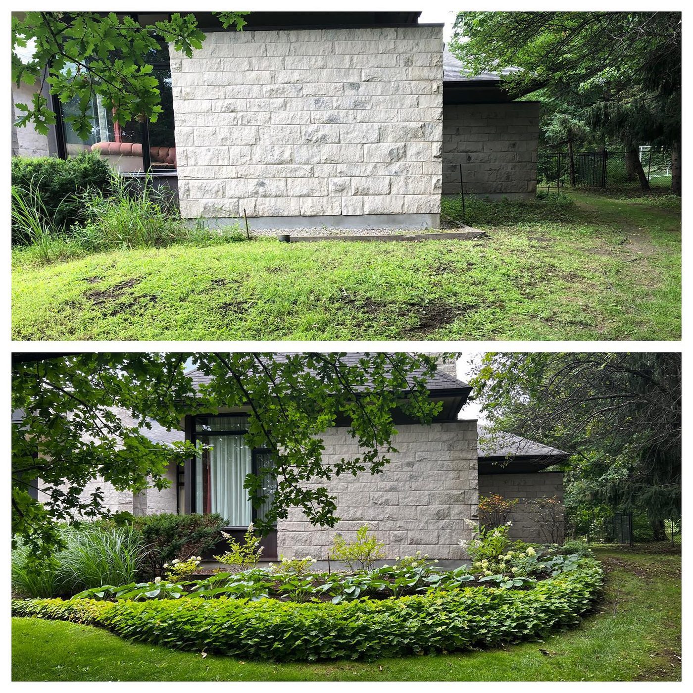 Stone block house with shaped hedge
