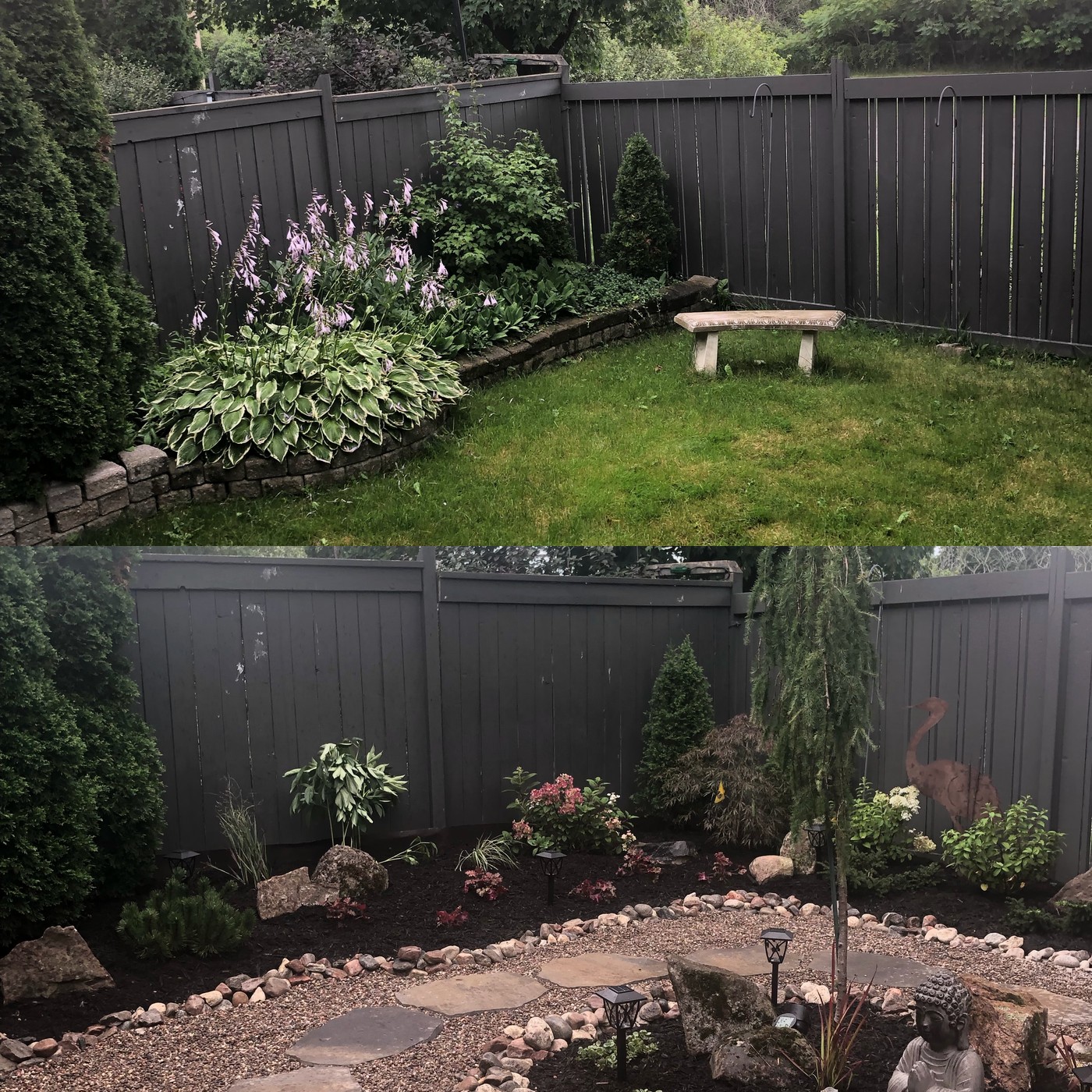 Backyard before and after — lawn transformed into meditation garden